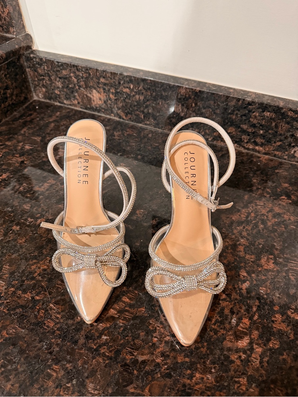 Journee Collection Silver Crystal Bow Ankle-Strap Pointed Heels